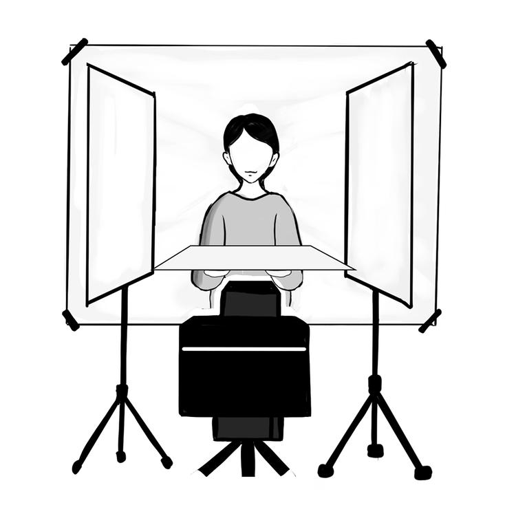 Image of shooting environment of case photos with paper pasted on the background and reflector installed